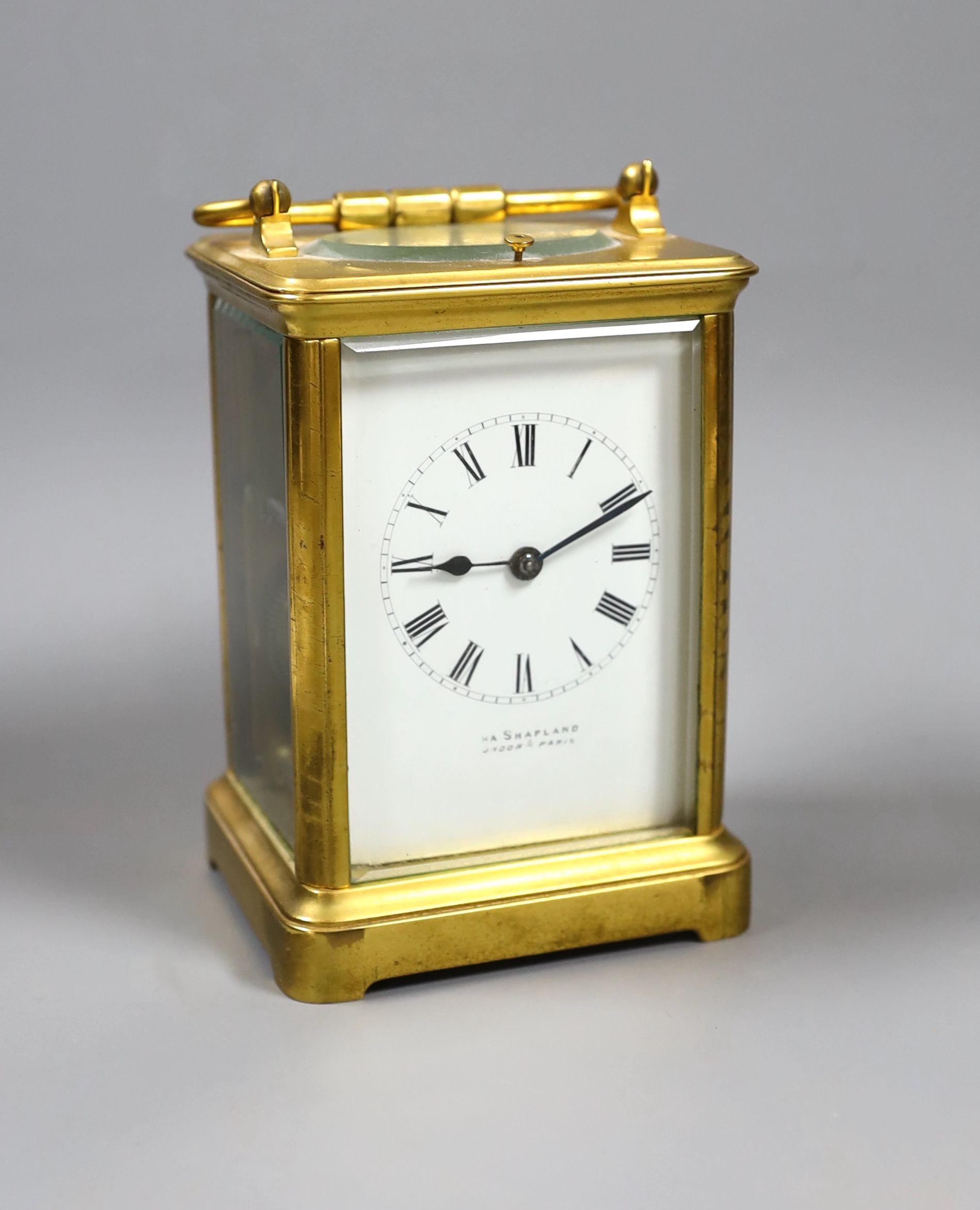A French gilt brass repeating carriage clock, 14.5 cm high
